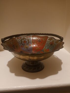 Vintage Brass Cloisonne Pedestal Basket Bowl